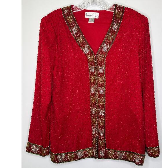 Vintage Laurence Kazer Silk beaded red formal cardigan Jacket Coat hoilday large - Picture 4 of 12